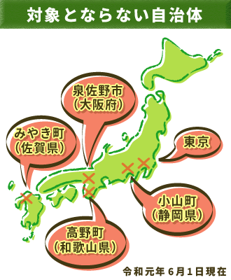 対象とならない地域は東京、小山町（静岡）、泉佐野市（大阪府）、みやき町（佐賀県）、高野町（和歌山県）など。令和元年、6月現在。